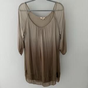 Coastal Grandma 100% Silk Ombré Dress Taupe Sheer Overlay Italy Shift Tunic M